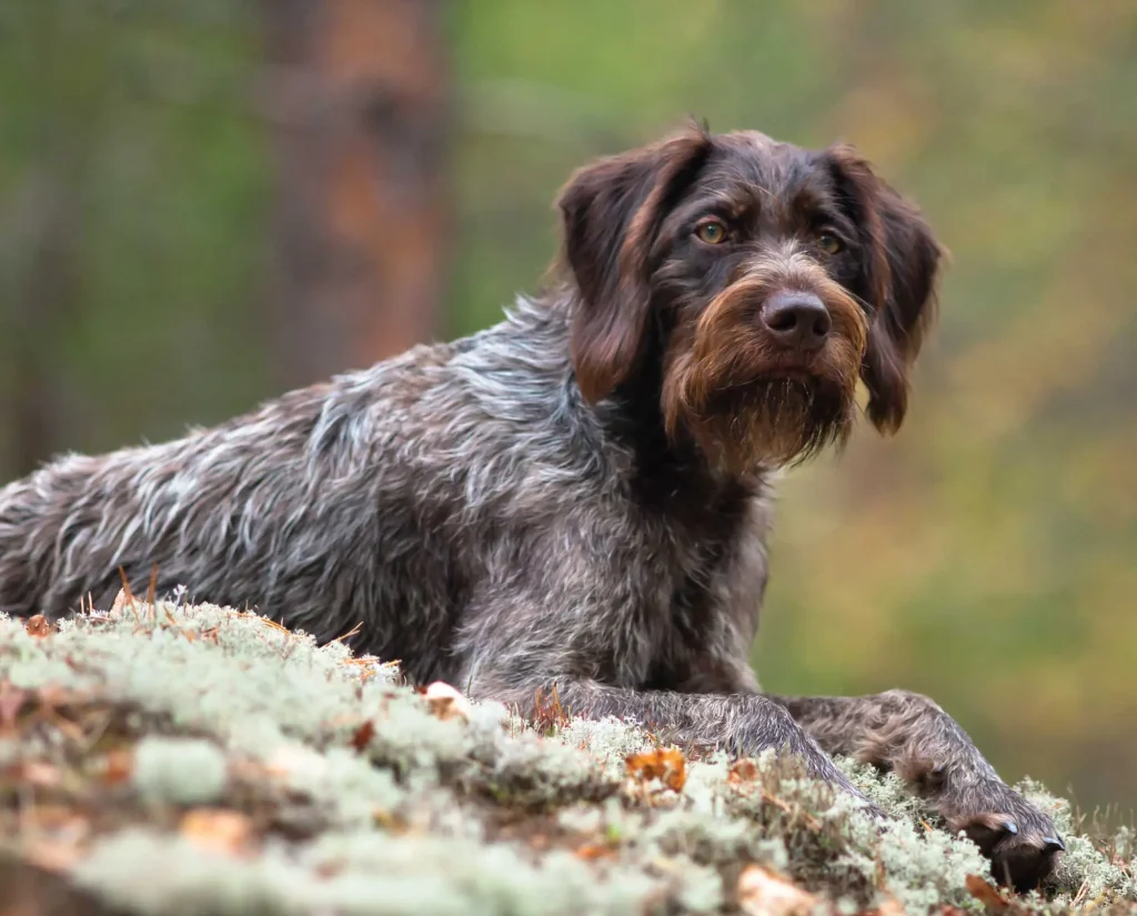 A German Wirehaired Pointer laying down in the woods