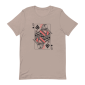 A shirt featuring a woodcock design in a queen playing card.